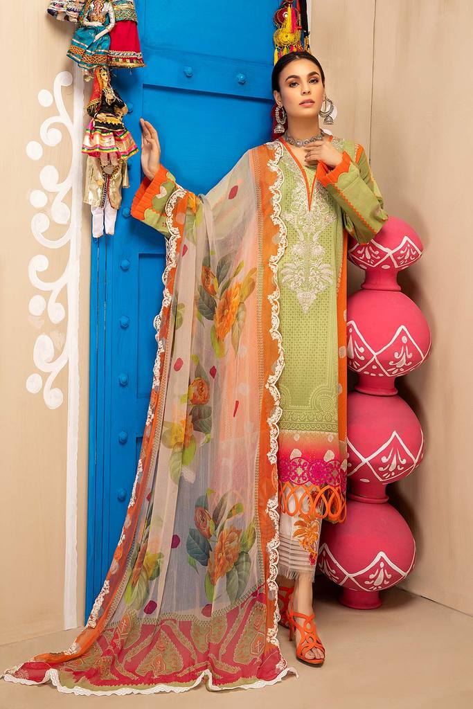 3-piece Unstitched Embroidered Lawn With Chiffon Dupatta CHN-03